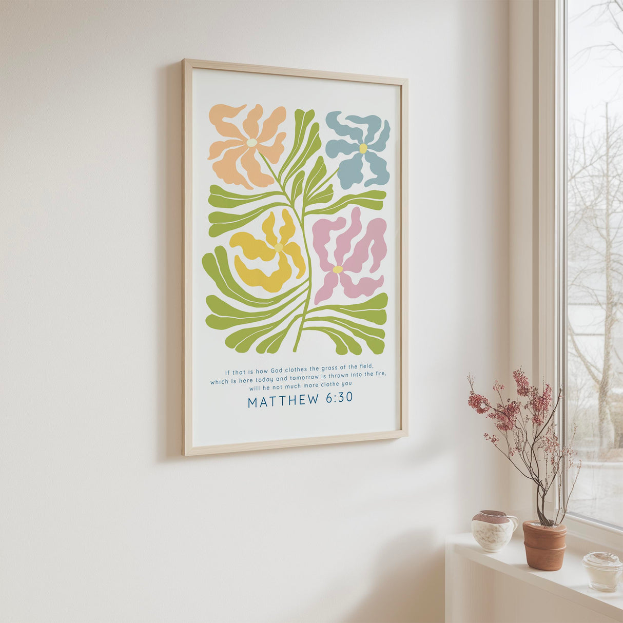 Matthew 6:30 - Contemporary floral Bible verse wall art print inspired by grass of the field scripture and God’s provision.