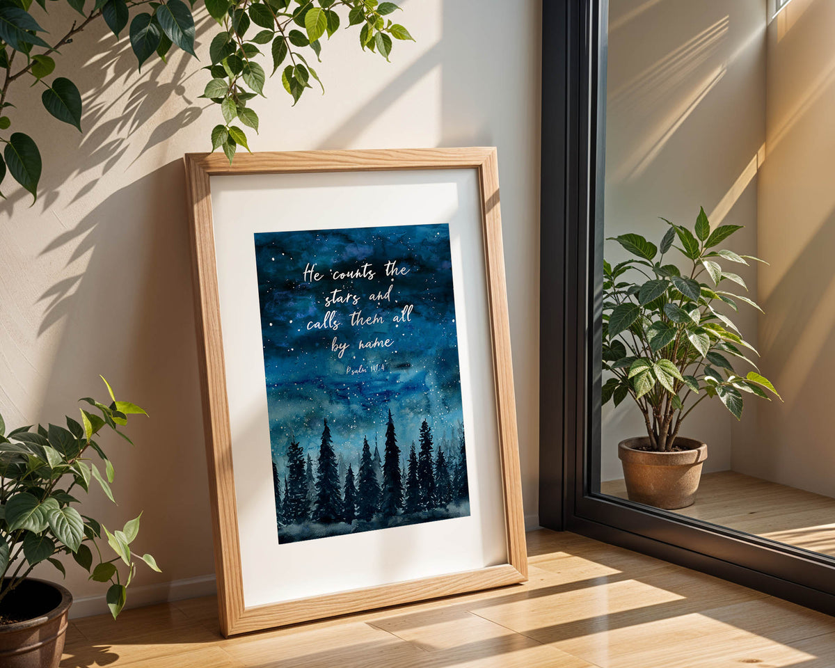 Psalm 147:4 Christian art print with a serene forest beneath a star-filled indigo sky, designed to inspire awe, faith, and reflection.