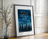 Scripture wall art showing a tranquil forest under a glowing starry night sky, featuring the Bible verse Psalm 147:4.