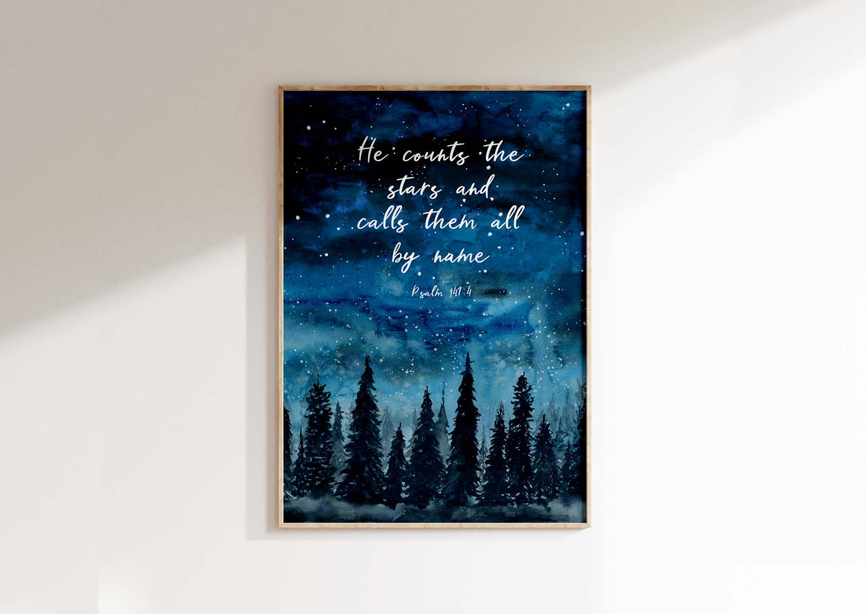 He Counts the Stars Christian Wall Art Print Forest Scripture Poster, Psalm 147:4 starry forest night bible verse print