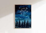 He Counts the Stars Christian Wall Art Print Forest Scripture Poster, Psalm 147:4 starry forest night bible verse print