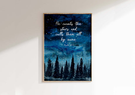 He Counts the Stars Christian Wall Art Print Forest Scripture Poster, Psalm 147:4 starry forest night bible verse print