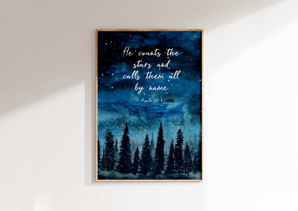 He Counts the Stars Christian Wall Art Print Forest Scripture Poster, Psalm 147:4 starry forest night bible verse print