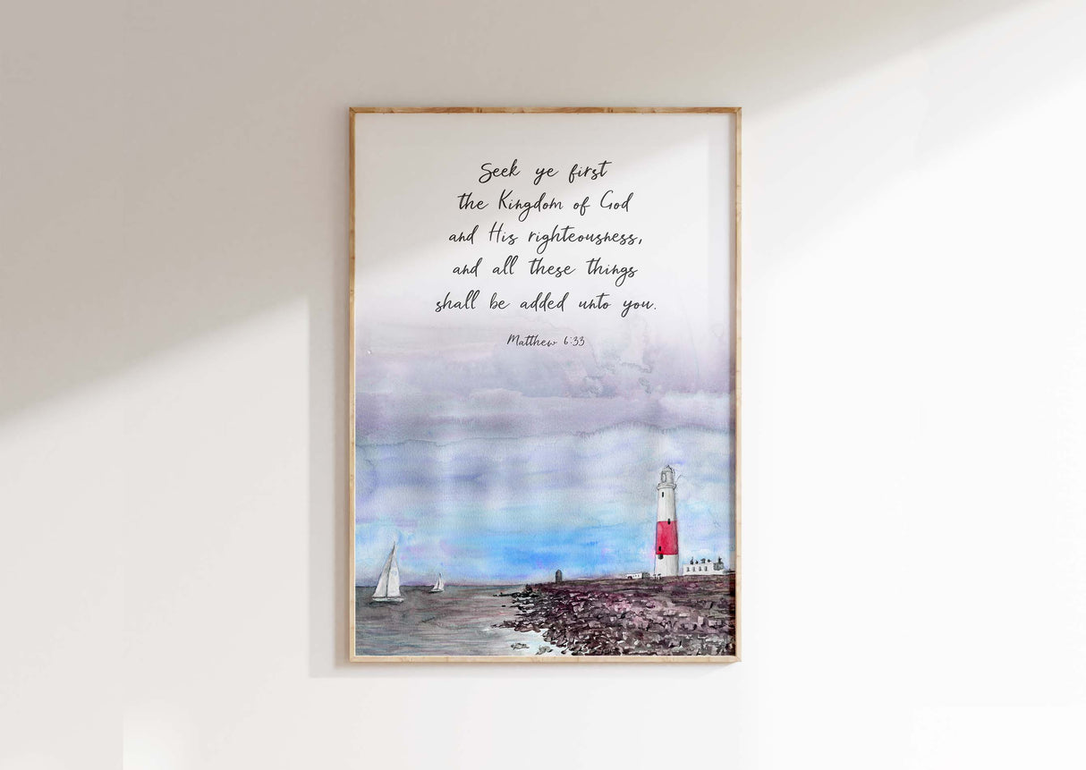 Matthew 6:33 - Seek ye first the Kingdom of God Bible verse wall art featuring peaceful harbour and lighthouse seascape.
