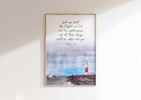 Matthew 6:33 - Seek ye first the Kingdom of God Bible verse wall art featuring peaceful harbour and lighthouse seascape.