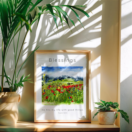 Psalm 103:5 – Bible verse wall art featuring soft wildflower meadow and scripture about God’s provision and blessings.