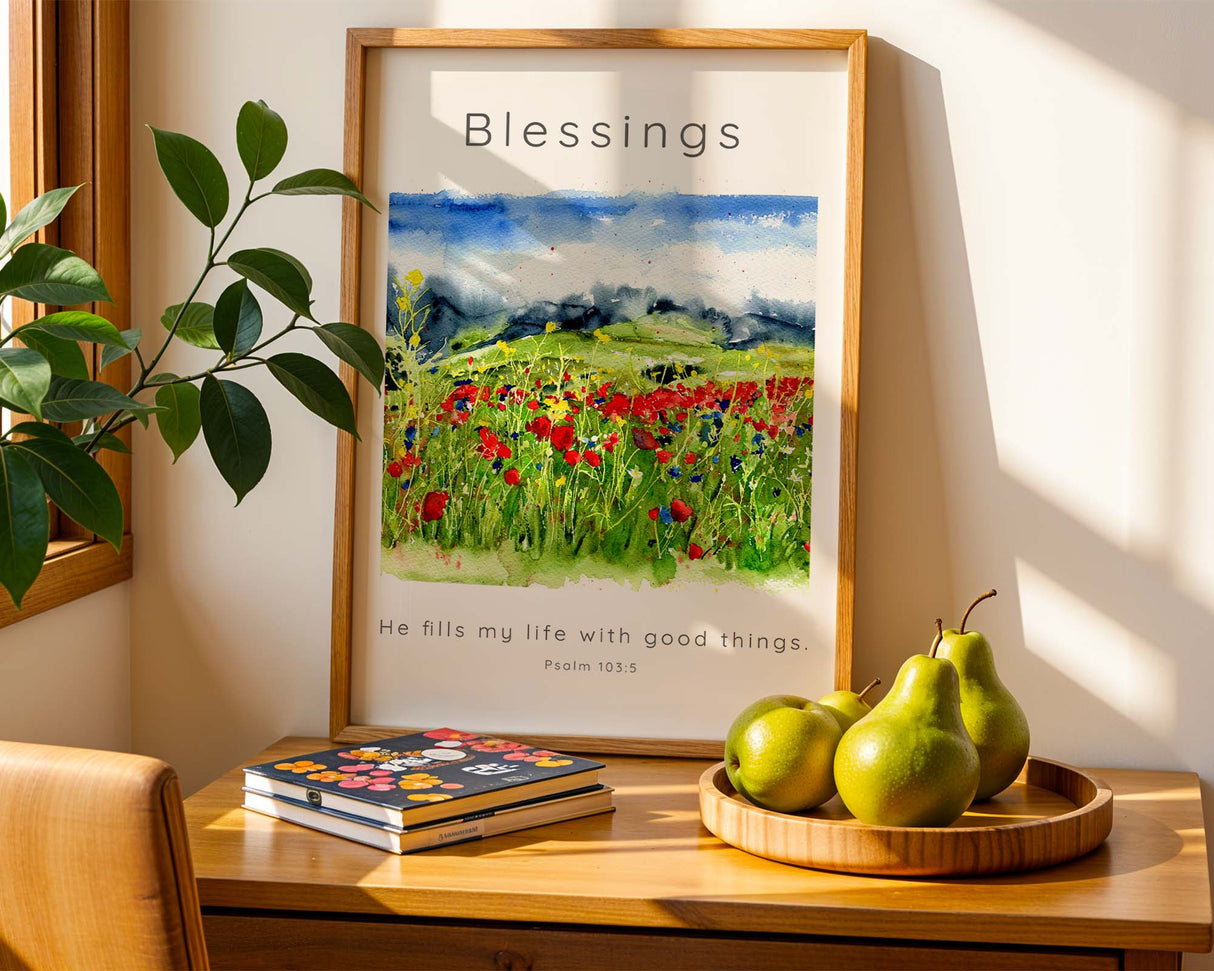 Psalm 103:5 – He fills my life with good things Christian wall art with wildflower meadow watercolour design.