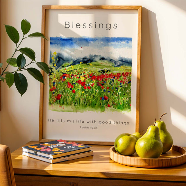 Psalm 103:5 – He fills my life with good things Christian wall art with wildflower meadow watercolour design.