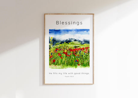 He Fills My Life With Good Things Bible Verse Scripture Faith Print, Scripture-based wall decor with Psalm 103:5