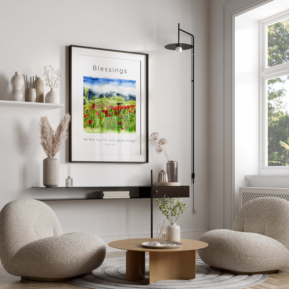Psalm 103:5 artwork depicting divine blessings, Watercolour meadow painting with comforting verse, Christian wall decor