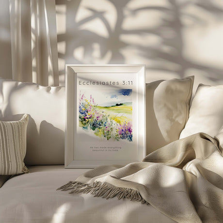 Ecclesiastes 3:11 – He has made everything beautiful Christian wall art with floral meadow design and uplifting scripture.