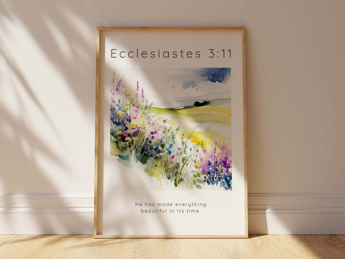 Floral meadow Bible verse wall art collection, Inspiring flower meadow Ecclesiastes 3:11 artwork, meadow decor with scripture