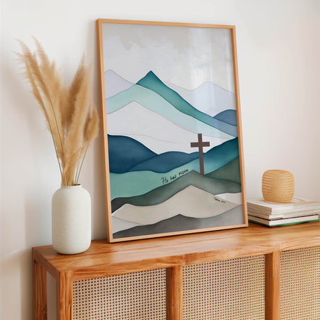 Matthew 28:6 – Bible verse wall art featuring cross and serene mountain landscape symbolising Christ’s resurrection.