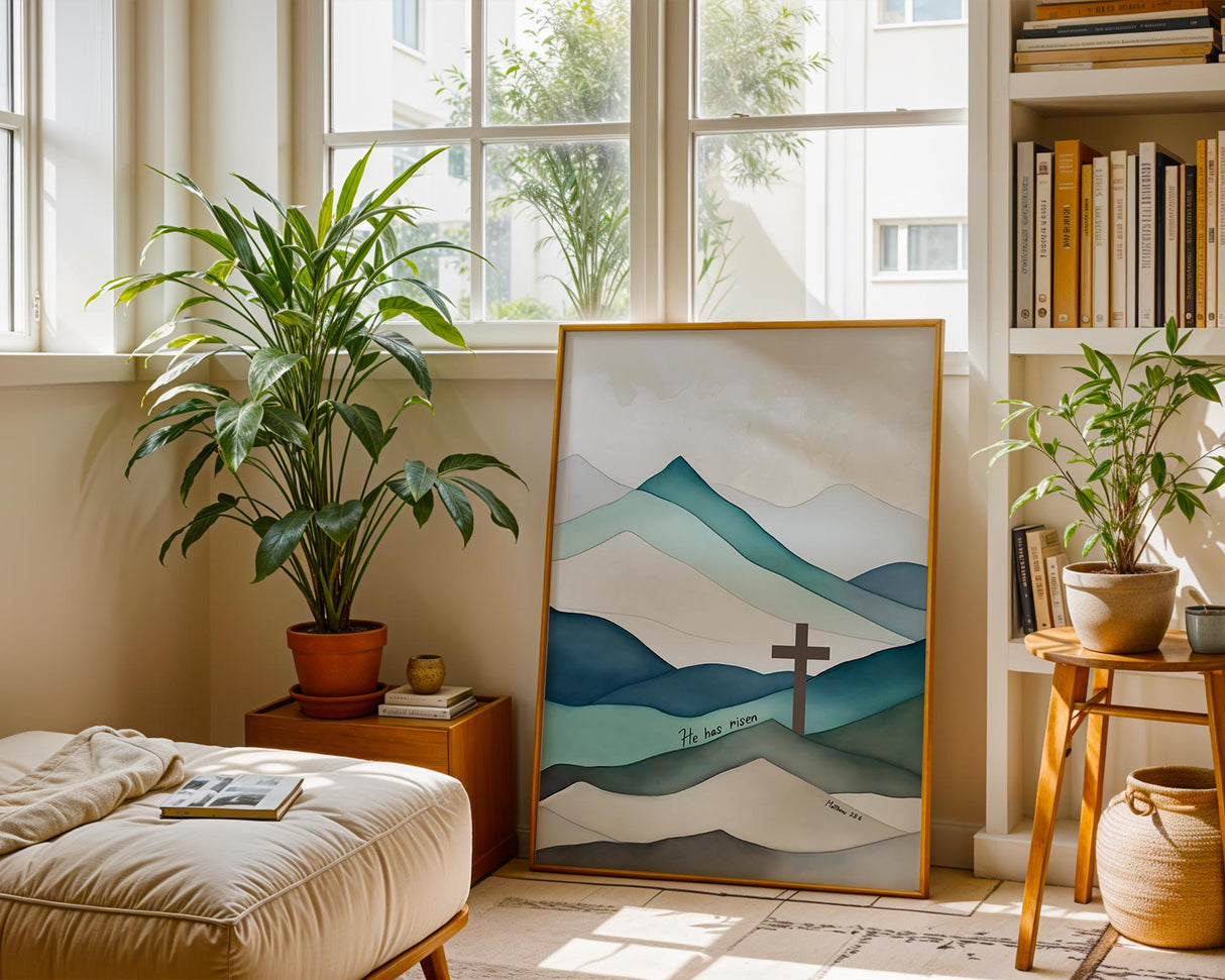 Matthew 28:6 – Christian scripture wall art with blue green hills and cross celebrating Easter and resurrection faith.