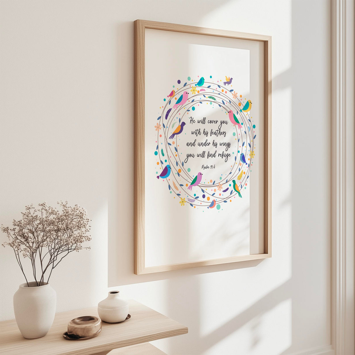 Psalm 91:4 – Bible verse wall art featuring birds, feathers and floral wreath with scripture about God’s protection.