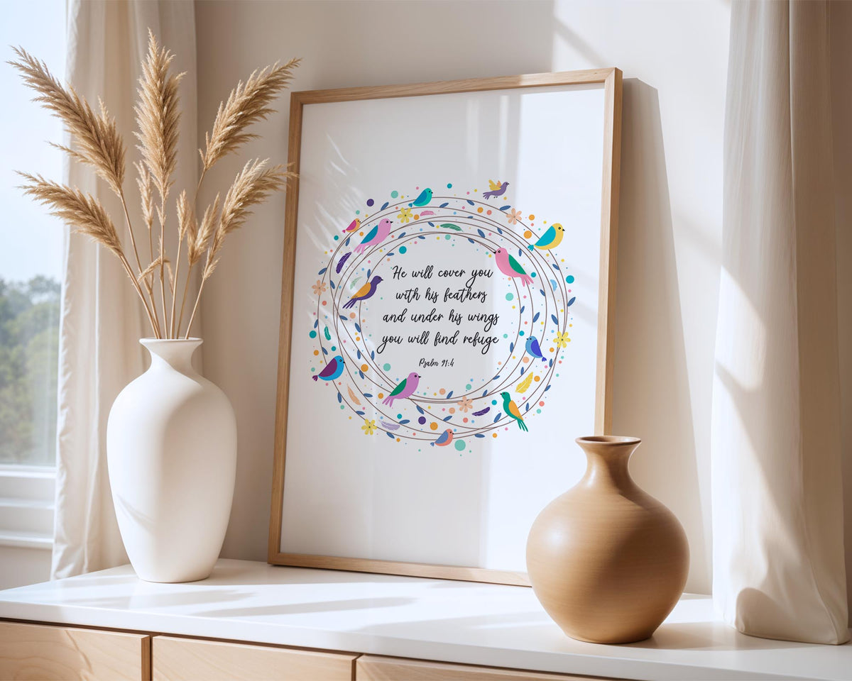 Psalm 91:4 – Christian scripture wall art with decorative wreath design and verse about refuge under God’s wings.