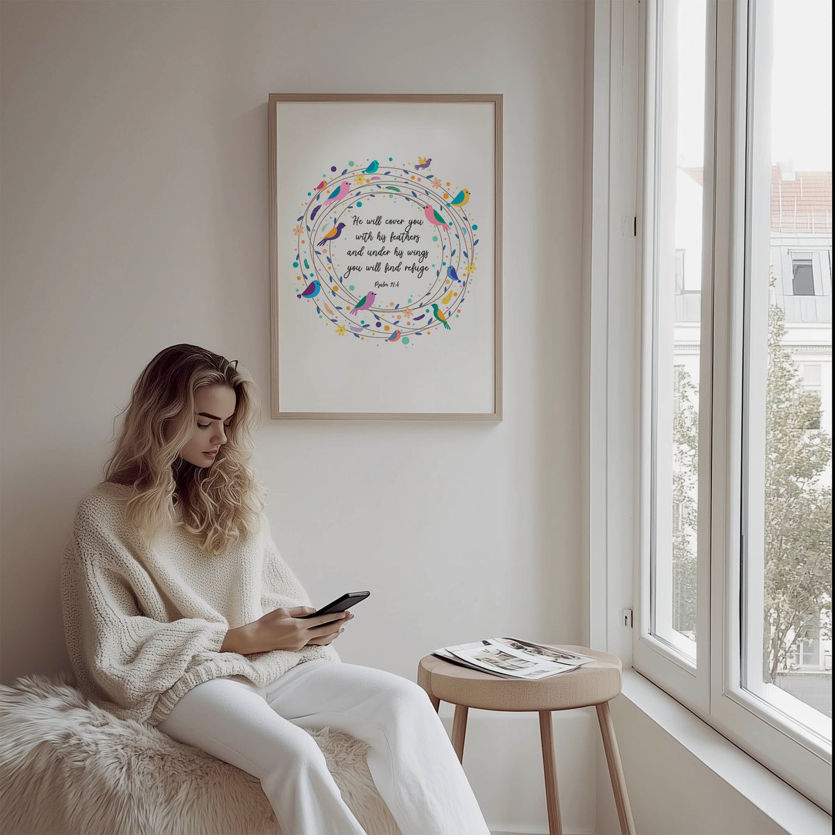 Psalm 91:4 – He will cover you with his feathers Christian wall art with bird wreath and comforting scripture.