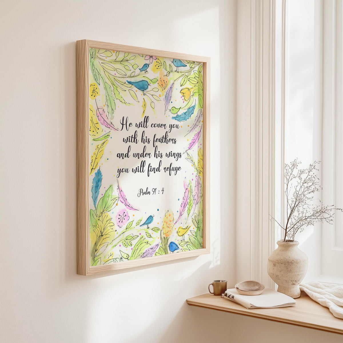 Psalm 91:4 – He will cover you Christian wall art with watercolour wreath, birds and feathers and comforting scripture.
