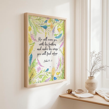 Psalm 91:4 – He will cover you Christian wall art with watercolour wreath, birds and feathers and comforting scripture.