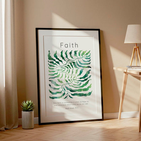 Hebrews 11:1 - Green leaf biblical artwork featuring calming sage and green watercolour botanical tones.