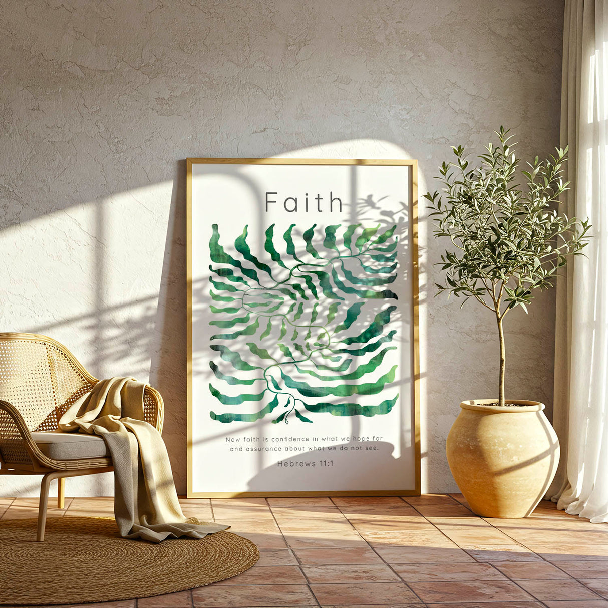 Hebrews 11:1 - Christian wall art print with winding watercolour botanical leaves in soft neutral green tones.