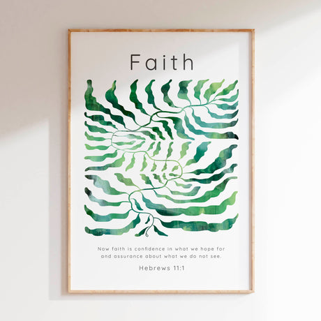 Hebrews 11:1 - Faith scripture verse quote poster featuring flowing green leaf design and organic curves.