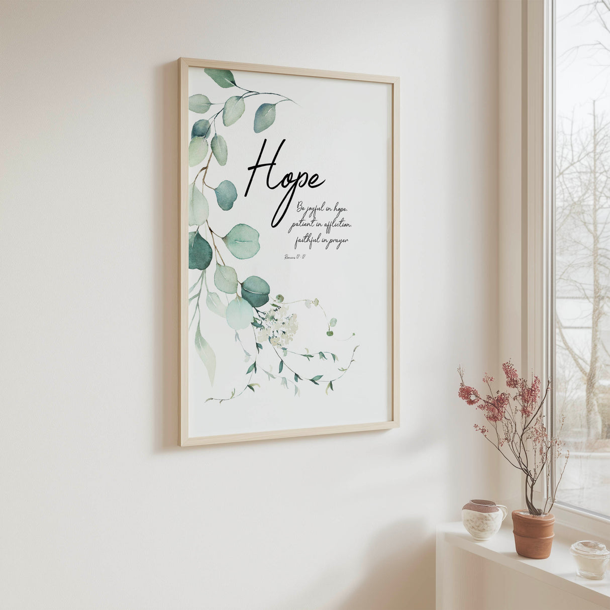 Romans 12:12 – Be joyful in hope Christian wall art print with botanical leaf design.