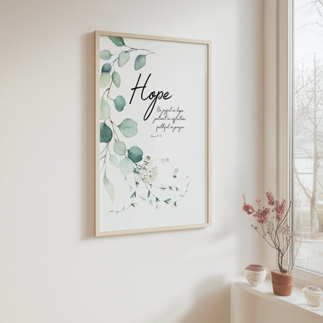 Romans 12:12 – Be joyful in hope Christian wall art print with botanical leaf design.