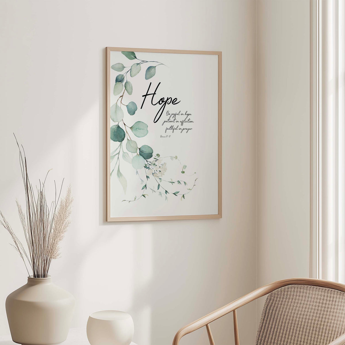 Romans 12:12 – Bible verse wall art featuring leaves and scripture about hope and prayer.