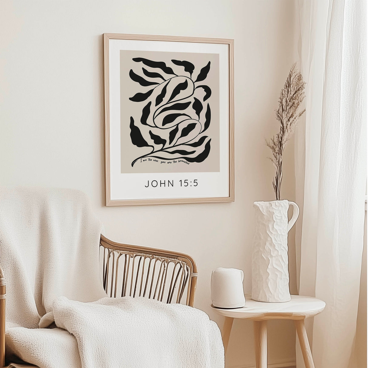 John 15:5 - Christian wall art print featuring woven vine silhouette on neutral beige background with I am the vine Bible verse.