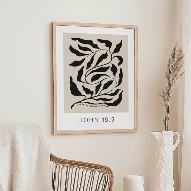 John 15:5 - Christian wall art print featuring woven vine silhouette on neutral beige background with I am the vine Bible verse.