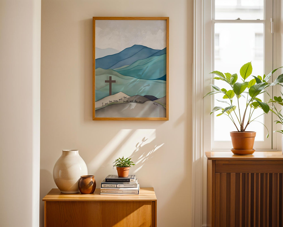 John 14:6 – Christian wall art scripture print featuring calming blue grey landscape and symbolic cross decor.