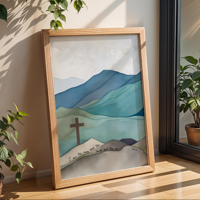 John 14:6 – I am the way the truth and the life Bible verse print with cross and blue grey hills Christian wall art.