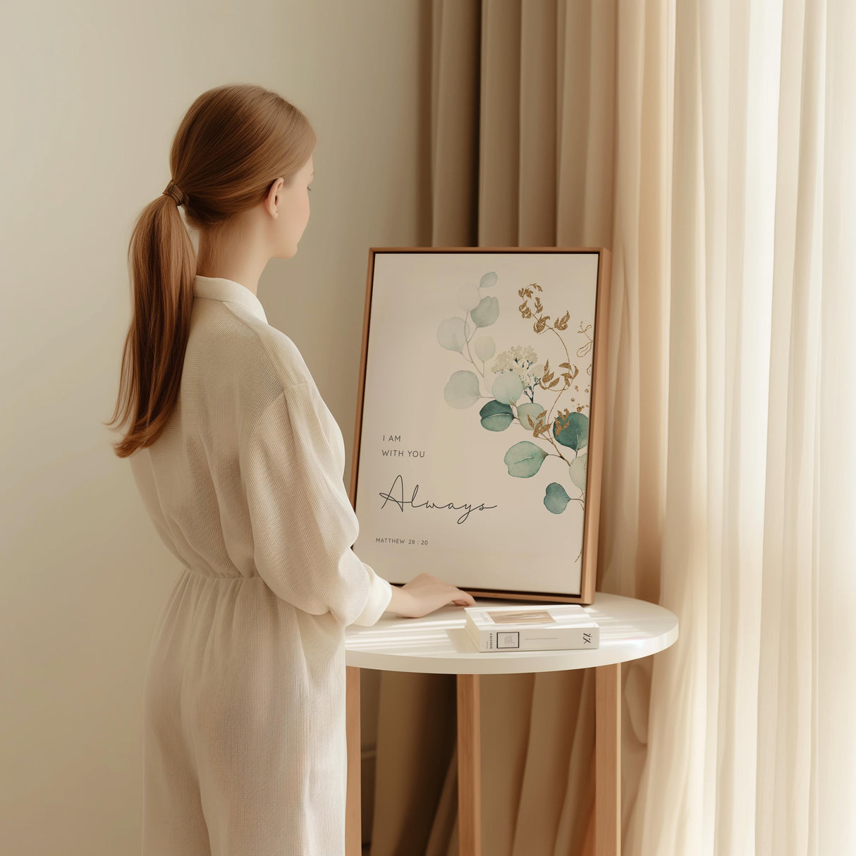 Matthew 28:20 - I am with you always Christian Bible verse wall art with minimalist green botanical design, inspirational decor.