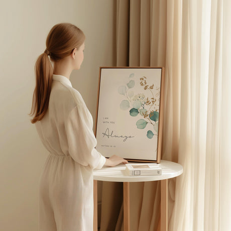 Matthew 28:20 - I am with you always Christian Bible verse wall art with minimalist green botanical design, inspirational decor.