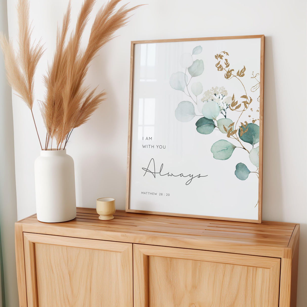 Matthew 28:20 - I am with you always Christian wall art with green leaf botanical design, comforting Bible verse decor.