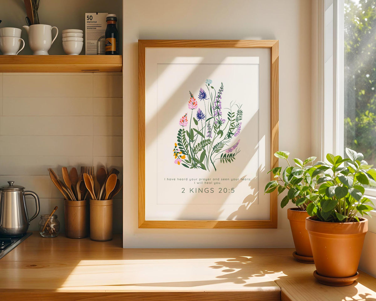2 Kings 20:5 – I have heard your prayer Christian wall art print with floral scripture design.