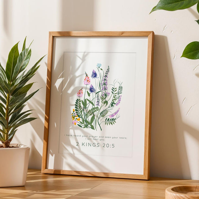 2 Kings 20:5 – Bible verse wall art about healing and hope with flowers.