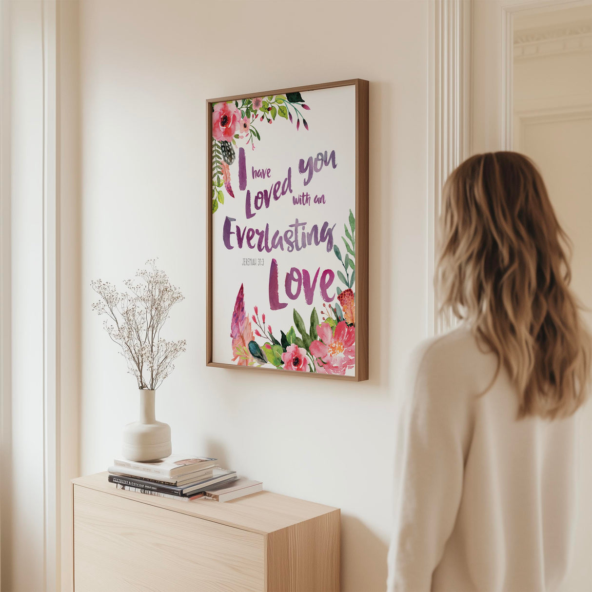 Jeremiah 31:3 – I have loved you with an everlasting love Christian wall art with delicate floral botanical design.