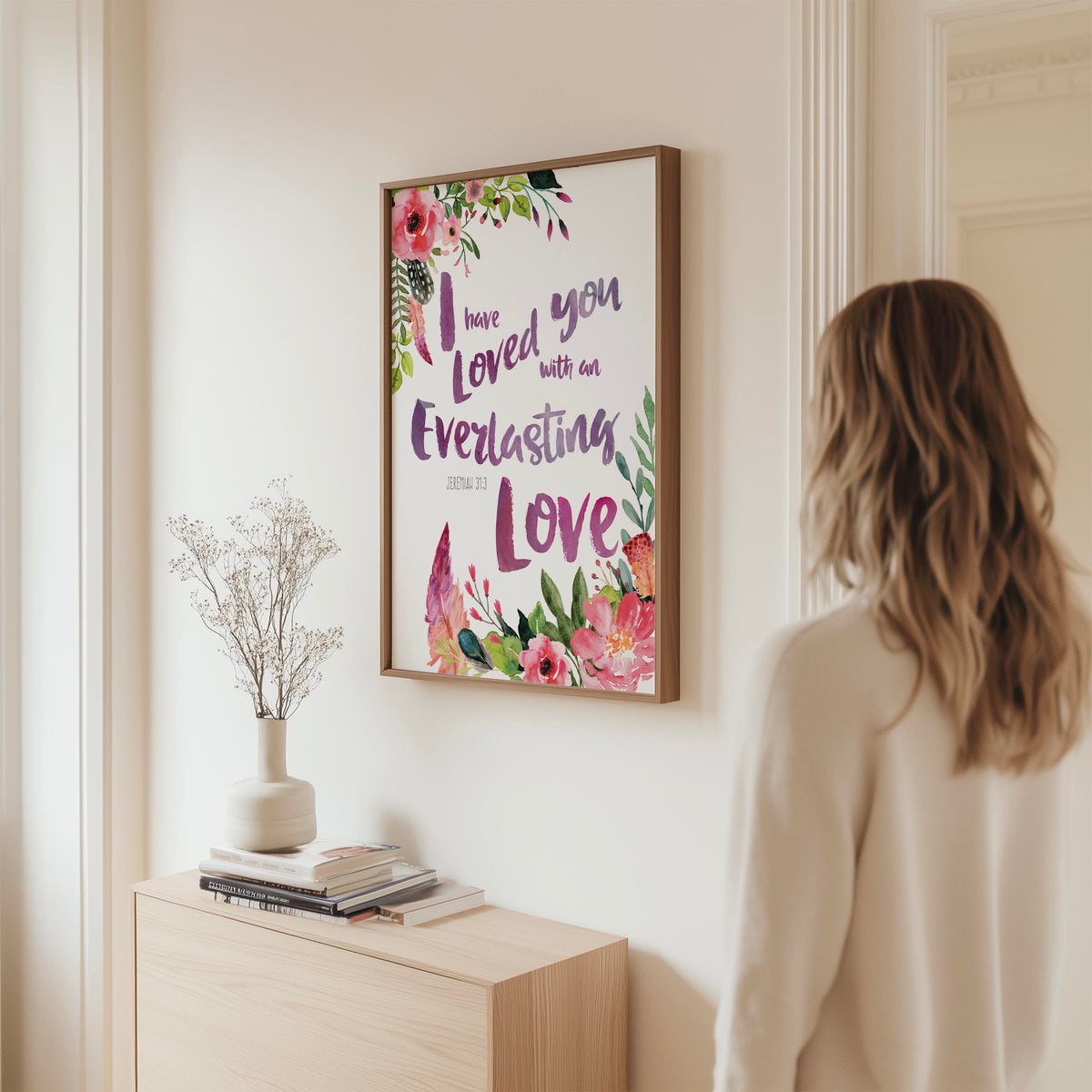 Jeremiah 31:3 – I have loved you with an everlasting love Christian wall art with delicate floral botanical design.