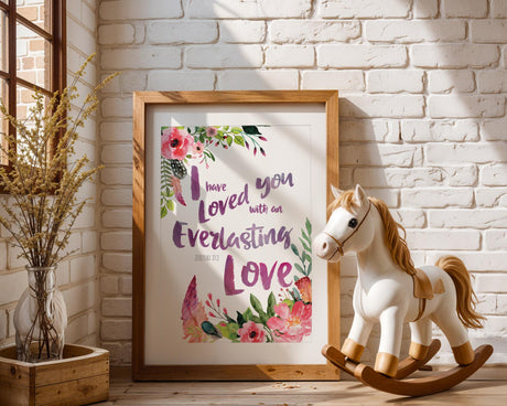Jeremiah 31:3 – Bible verse wall art featuring elegant florals and scripture about God’s enduring love.