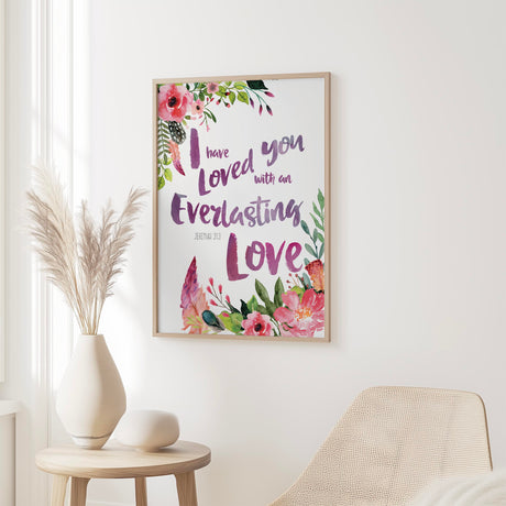 Jeremiah 31:3 – Christian scripture wall art with soft botanical accents and verse celebrating God’s everlasting love.