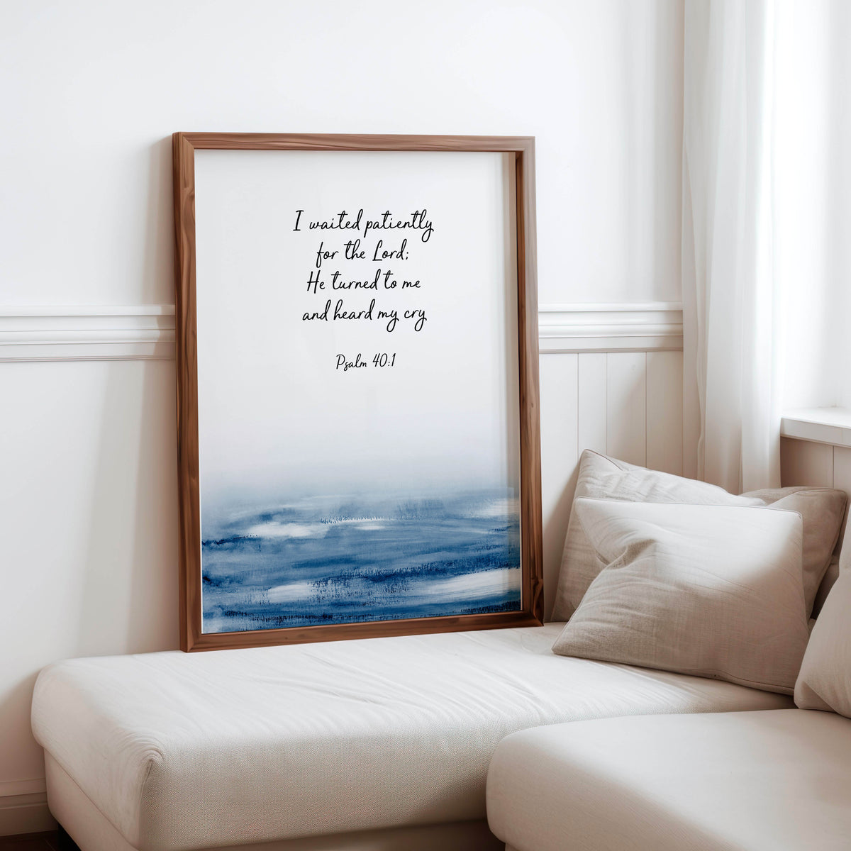 Psalm 40:1 - Bible verse wall art I waited patiently for the Lord with calming blue water illustration Christian home decor.