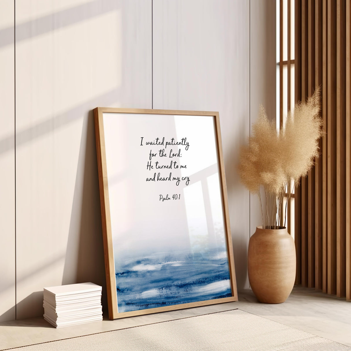 Psalm 40:1 - Christian scripture print featuring I waited patiently for the Lord with peaceful indigo water faith wall art.