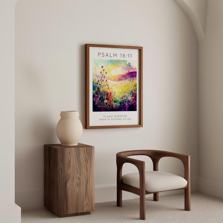 ‘In Your Presence There Is Fullness Of Joy’ – Bible verse print filled with vibrant meadow colours.