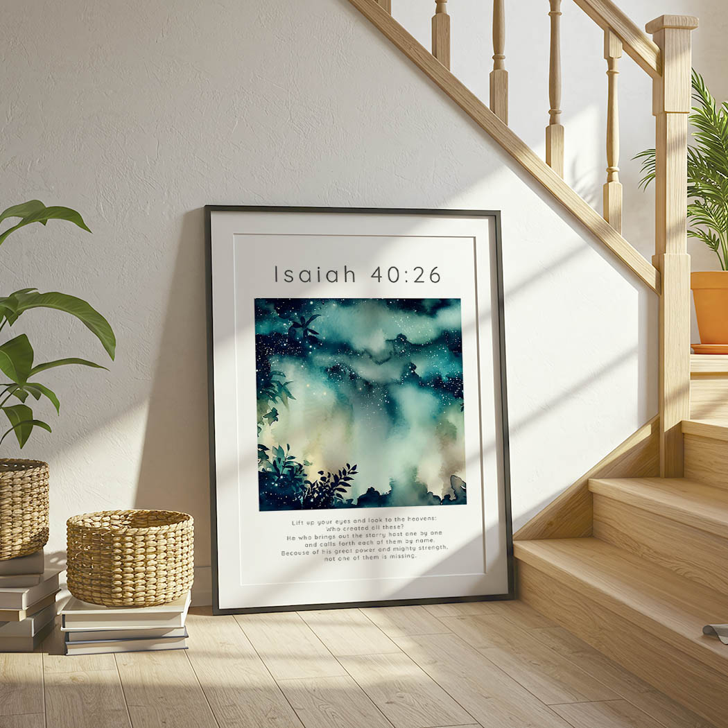 Isaiah 40:26 - Starry sky print with layered dark blues, soft clouds and twinkling star details.