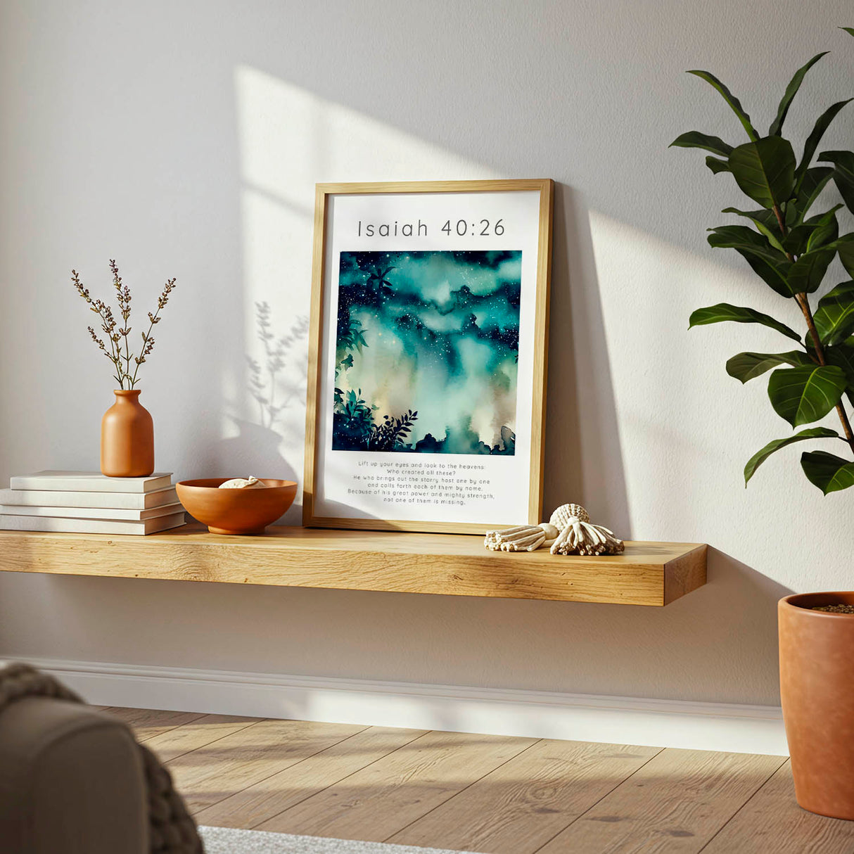 Isaiah 40:26 - Scripture verse wall art picture with starry sky design and dark foliage silhouette framing.