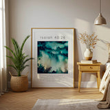 Isaiah 40:26 - Scripture verse quote poster with scattered stars across a moody midnight blue and teal night sky.