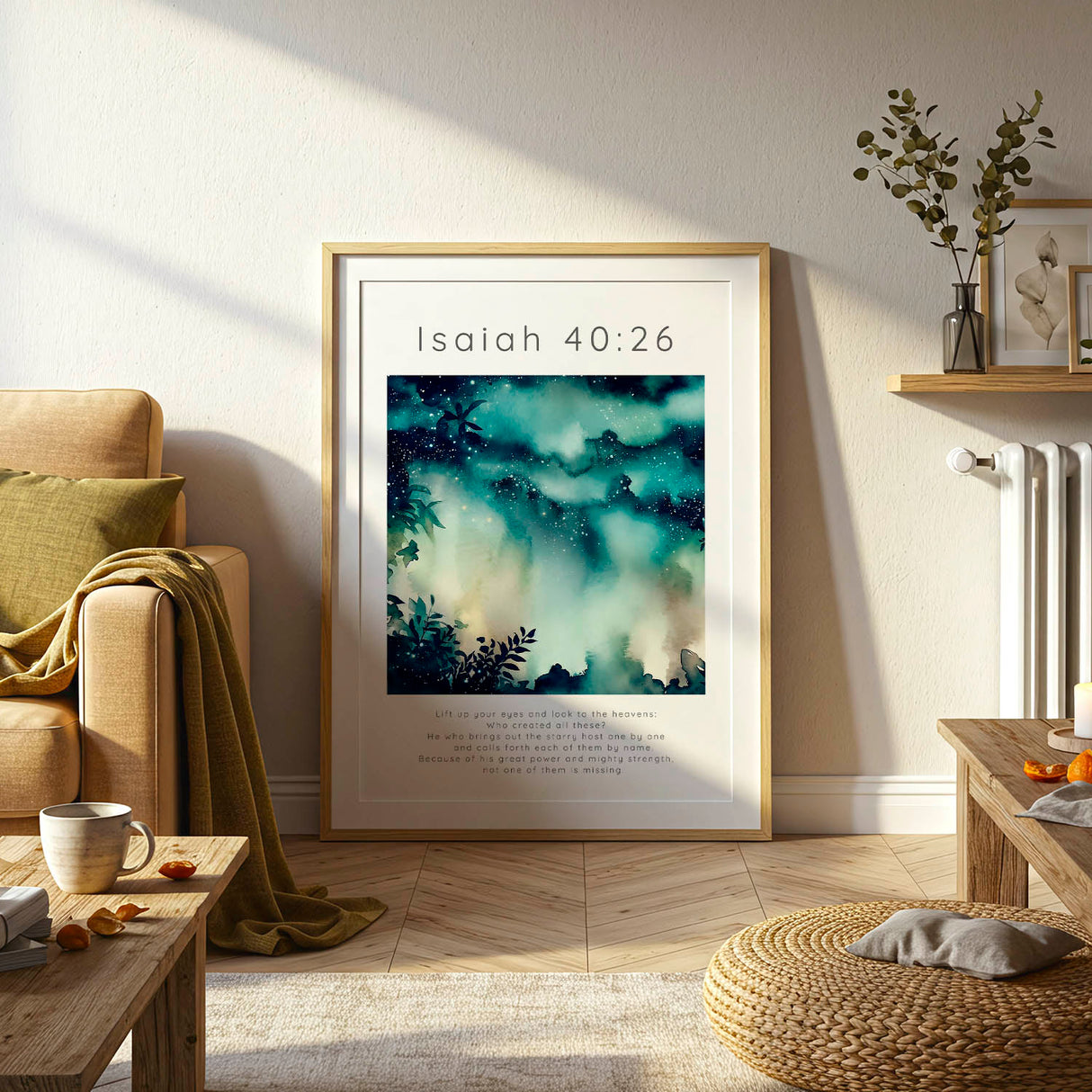 Isaiah 40:26 - Bible verse wall art print featuring a richly toned starry sky in deep blue and teal tones.