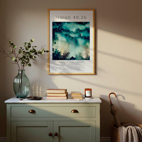 Isaiah 40:26 - Christian art picture with deep navy starry night sky and silhouetted foliage framing the edges.